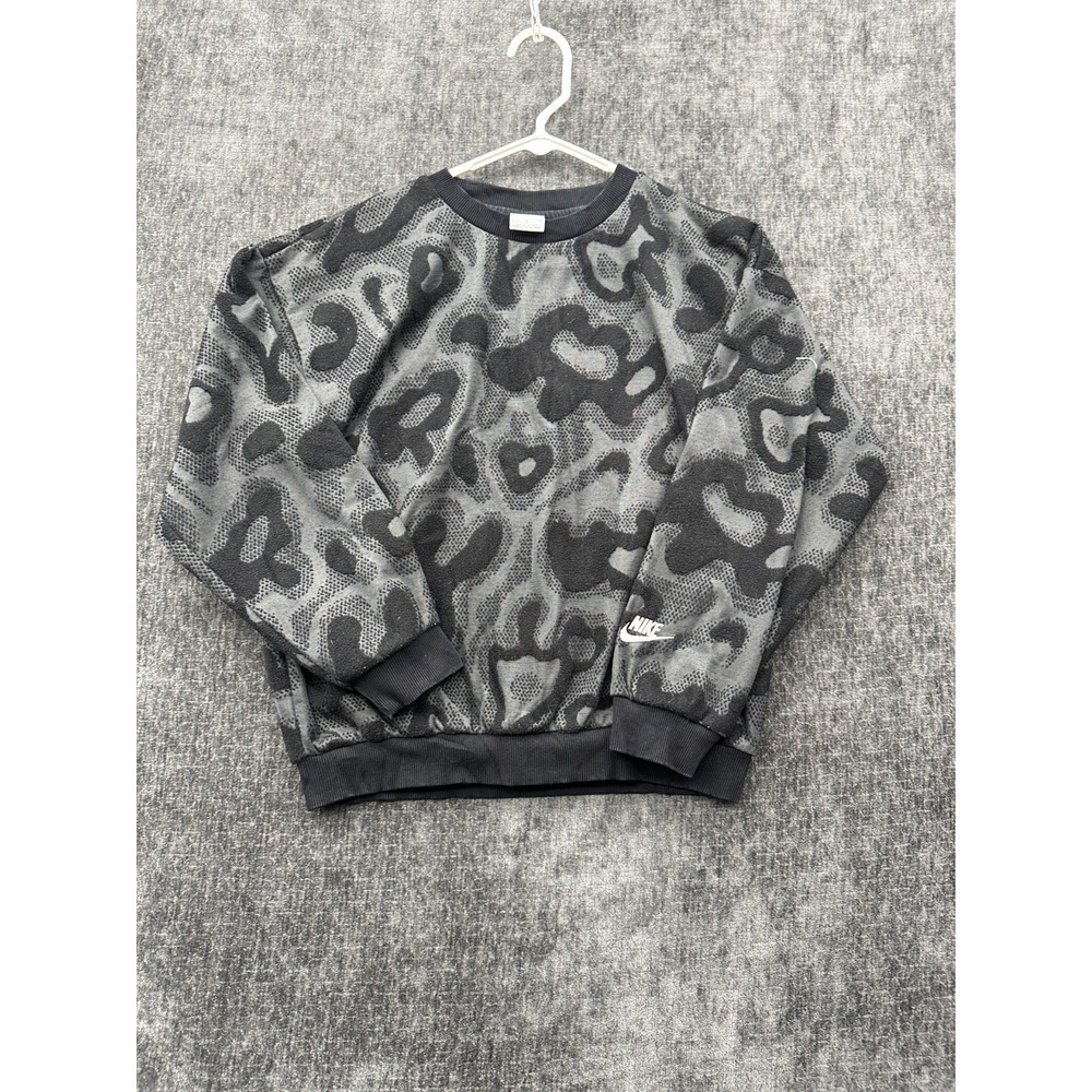 Nike Sweatshirt Unisex Kids L Gray Camouflage Logo Fleece Lined Ribbed Loose Fit